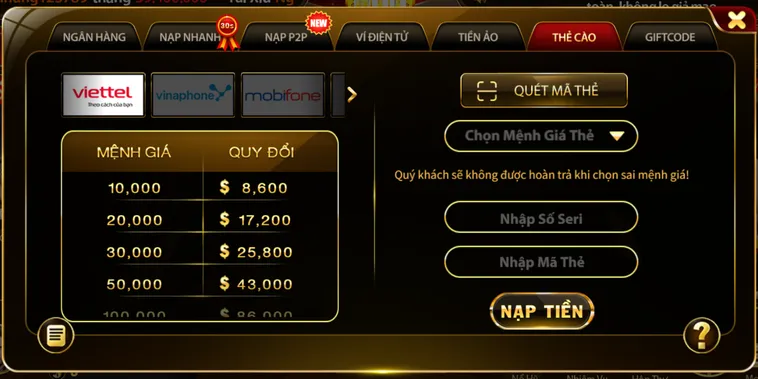 Nạp tiền thẻ cào an toàn tiện lợi bảo mật.